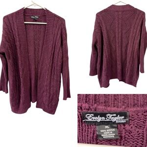 Evelyn Taylor Burgundy Open Front Ribbed Sleeve Acrylic Knit Cardigan Sweater XL